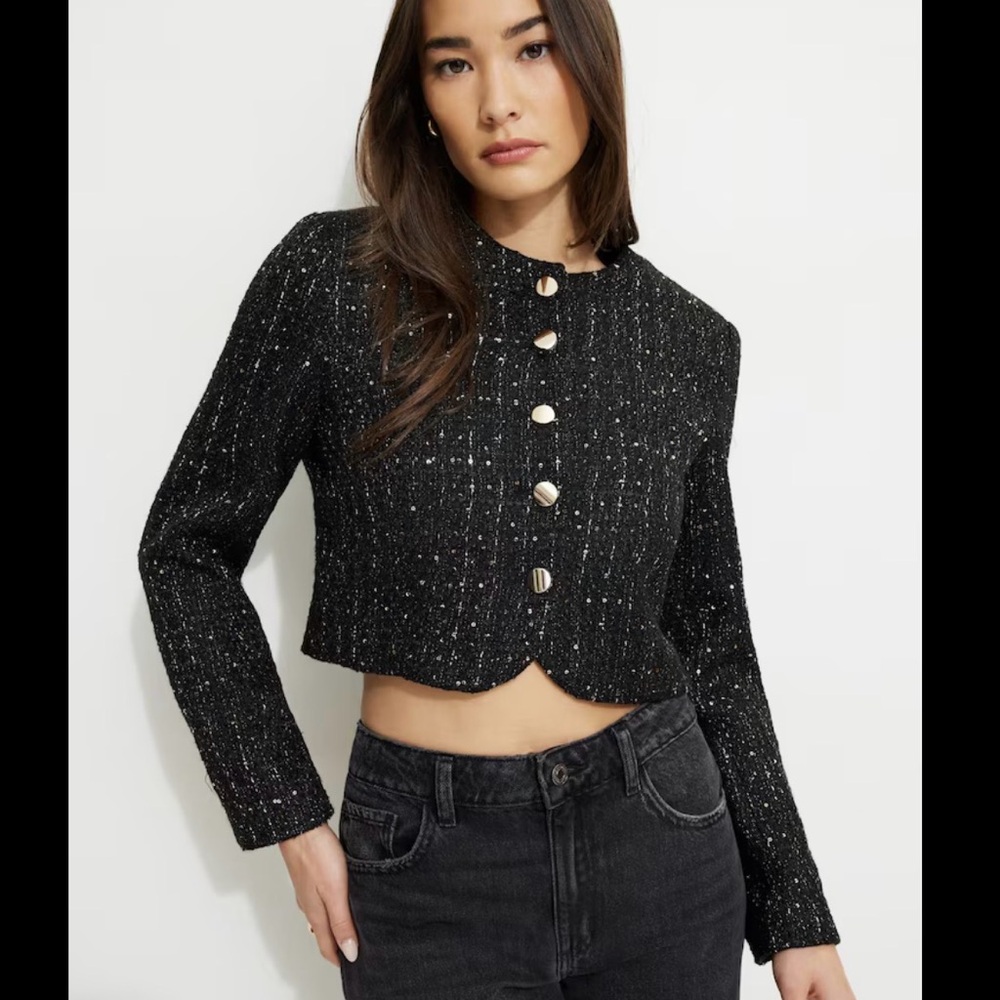 Dynamite Black Tweed Blazer with Gold Buttons